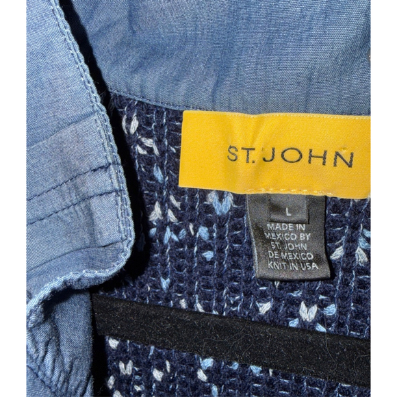 ST. JOHN Navy Blue Knit Denim Jacket Size L PTP w/using no stretch approx. 20” - Picture 7 of 10